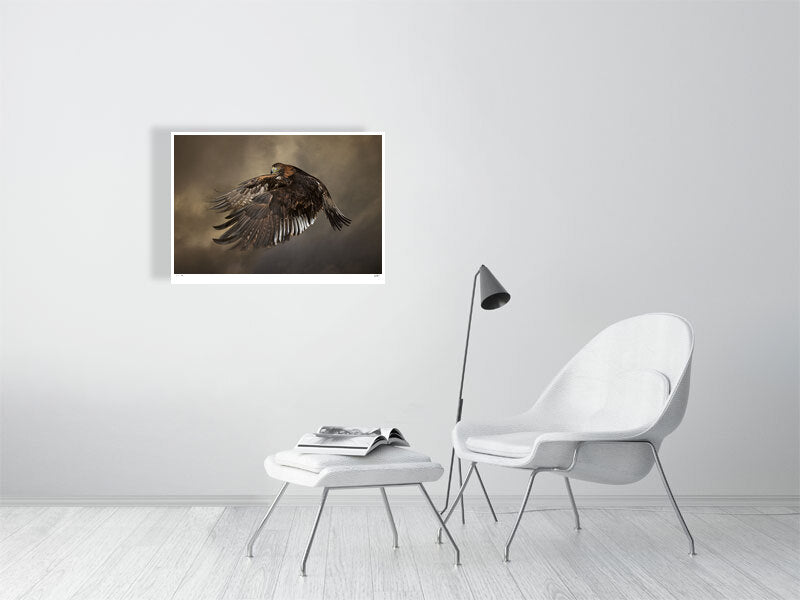 A Golden Eagle in mid-flight against a dramatic sky by photographer Tim Platt available online from Tim Platt Fine Art Photography Prints